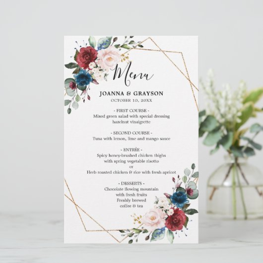 Burgundy Navy Blush Floral Geometric Wedding Menu (Staand voorkant)