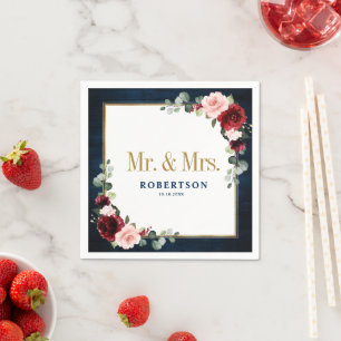 Burgundy Navy Blush Floral Geometric Wedding Napki Servet