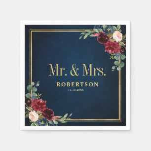 Burgundy Navy Blush Floral Geometric Wedding Napki Servet