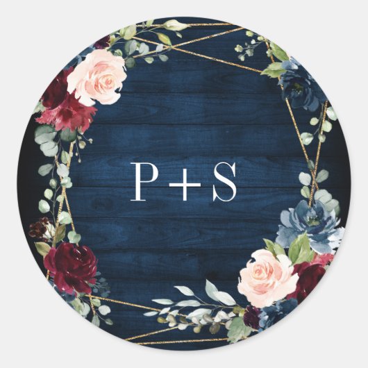 Burgundy Navy Blush Floral Geometric Wedding Ronde Sticker (Voorkant)
