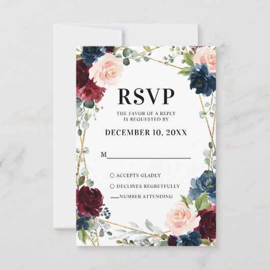 Burgundy Navy Blush Floral Geometric Wedding RSVP Kaartje (Voorkant)