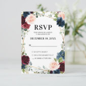 Burgundy Navy Blush Floral Geometric Wedding RSVP Kaartje (Staand voorkant)