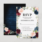 Burgundy Navy Blush Floral Geometric Wedding RSVP Kaartje (Voorkant / Achterkant)