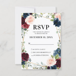 Burgundy Navy Blush Floral Geometric Wedding RSVP Kaartje