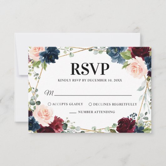 Burgundy Navy Blush Floral Geometric Wedding RSVP Kaartje (Voorkant)