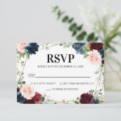 Burgundy Navy Blush Floral Geometric Wedding RSVP Kaartje (Staand voorkant)