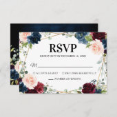 Burgundy Navy Blush Floral Geometric Wedding RSVP Kaartje (Voorkant / Achterkant)