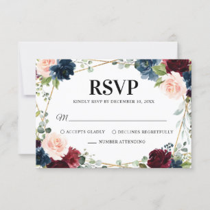 Burgundy Navy Blush Floral Geometric Wedding RSVP Kaartje