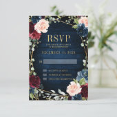 Burgundy Navy Blush Floral Geometric Wedding RSVP Kaartje (Staand voorkant)