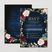 Burgundy Navy Blush Floral Geometric Wedding RSVP Kaartje (Voorkant / Achterkant)