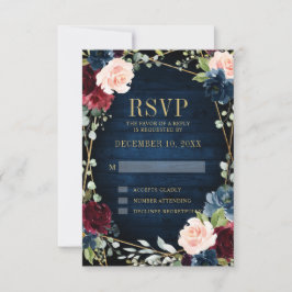 Burgundy Navy Blush Floral Geometric Wedding RSVP Kaartje