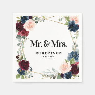 Burgundy Navy Blush Floral Geometric Wedding Servet
