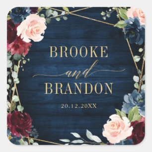 Burgundy Navy Blush Floral Geometric Wedding Vierkante Sticker