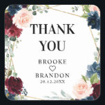 Burgundy Navy Blush Floral Geometric Wedding Vierkante Sticker<br><div class="desc">Elegant en modern romantisch geometrisch waterverf bloemenbruiloft dank u sticker heeft een prachtige bordeaux / marsala, blush roze, perzik, marineblauw waterverf rozen met bijpassend gebladerte op marineblauw rustieke houten achtergrond en gouden lijst. Perfect voor een herfst / midzomer bruiloft. Vind meer bijpassende design en variaties uit mijn "blissweddingpaperie" winkel. En...</div>
