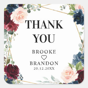 Burgundy Navy Blush Floral Geometric Wedding Vierkante Sticker