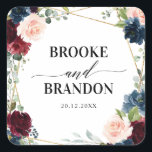 Burgundy Navy Blush Floral Geometric Wedding Vierkante Sticker<br><div class="desc">Elegant en modern romantisch geometrisch waterverf bloemenbruiloft dank u sticker heeft een prachtige bordeaux / marsala, blush roze, perzik, marineblauw waterverf rozen met bijpassend gebladerte op marineblauw rustieke houten achtergrond en gouden lijst. Perfect voor een herfst / midzomer bruiloft. Vind meer bijpassende design en variaties uit mijn "blissweddingpaperie" winkel. En...</div>