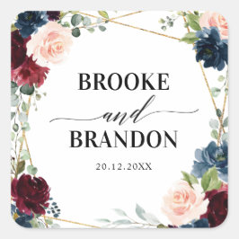 Burgundy Navy Blush Floral Geometric Wedding Vierkante Sticker