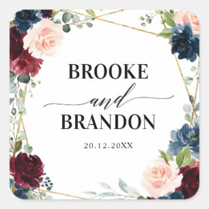 Burgundy Navy Blush Floral Geometric Wedding Vierkante Sticker