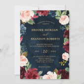 Burgundy Navy Blush Floral Gold Botanical Weddensc Kaart (Voorkant)
