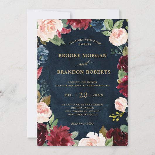Burgundy Navy Blush Floral Gold Botanical Weddensc Kaart (Voorkant)