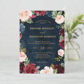 Burgundy Navy Blush Floral Gold Botanical Weddensc Kaart (Staand voorkant)