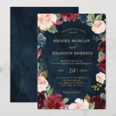 Burgundy Navy Blush Floral Gold Botanical Weddensc Kaart (Voorkant / Achterkant)