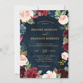 Burgundy Navy Blush Floral Gold Botanical Weddensc Kaart