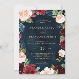 Burgundy Navy Blush Floral Gold Botanical Weddensc Kaart