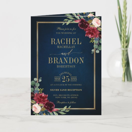 Burgundy Navy Blush Floral Gold Geometric Wedding (Voorkant)