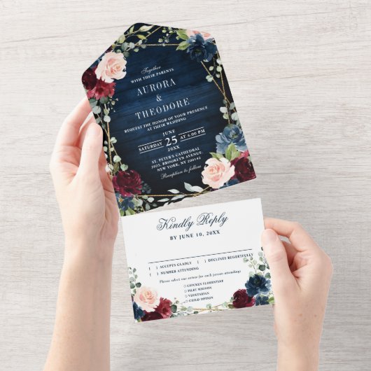 Burgundy Navy Blush Floral Gold Geometric Wedding All In One Uitnodiging (Afscheurbaar)