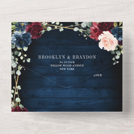 Burgundy Navy Blush Floral Gold Geometric Wedding All In One Uitnodiging (Achterkant)