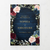 Burgundy Navy Blush Floral Gold Geometric Wedding Drieluik Aankondiging (Cover)