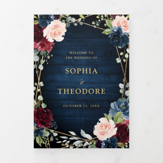 Burgundy Navy Blush Floral Gold Geometric Wedding Drieluik Aankondiging (Cover)