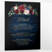 Burgundy Navy Blush Floral Gold Geometric Wedding Drieluik Aankondiging (Binnenzijde eerst)