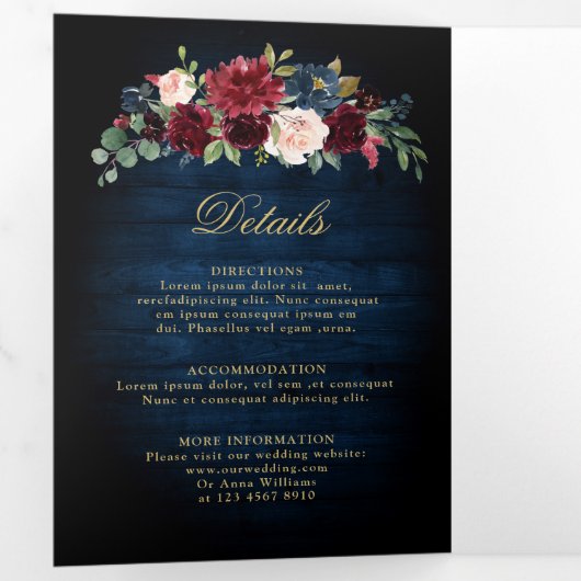 Burgundy Navy Blush Floral Gold Geometric Wedding Drieluik Aankondiging (Binnenzijde eerst)