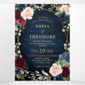 Burgundy Navy Blush Floral Gold Geometric Wedding Drieluik Aankondiging (Binnenkant midden)