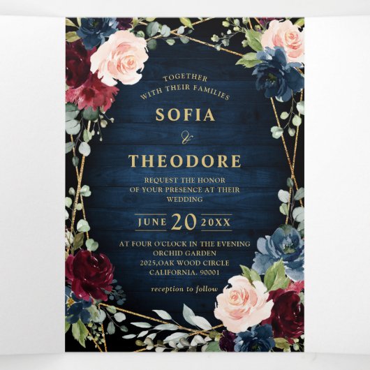 Burgundy Navy Blush Floral Gold Geometric Wedding Drieluik Aankondiging (Binnenkant midden)