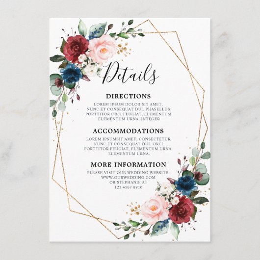 Burgundy Navy Blush Floral Gold Geometric Wedding Informatiekaartje (Voorkant)