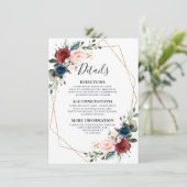 Burgundy Navy Blush Floral Gold Geometric Wedding Informatiekaartje (Staand voorkant)