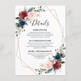 Burgundy Navy Blush Floral Gold Geometric Wedding Informatiekaartje