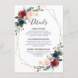 Burgundy Navy Blush Floral Gold Geometric Wedding Informatiekaartje