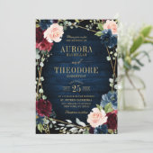 Burgundy Navy Blush Floral Gold Geometric Wedding Kaart (Staand voorkant)