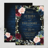 Burgundy Navy Blush Floral Gold Geometric Wedding Kaart (Voorkant / Achterkant)
