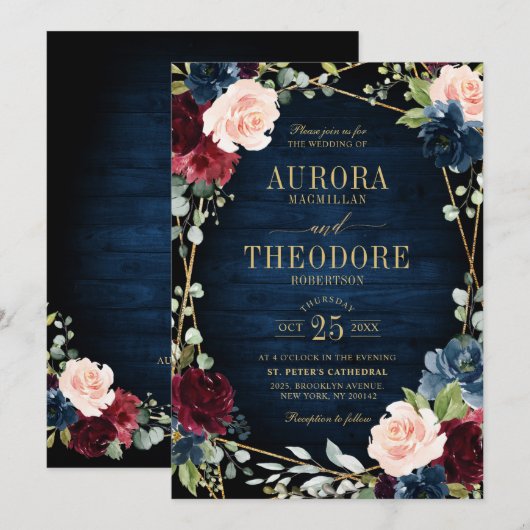 Burgundy Navy Blush Floral Gold Geometric Wedding Kaart (Voorkant / Achterkant)