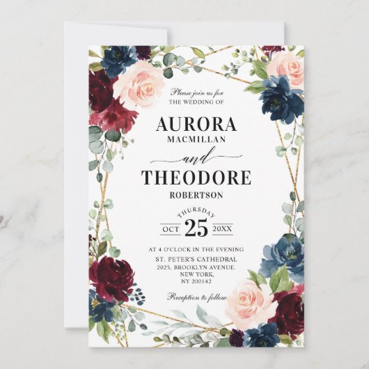 Burgundy Navy Blush Floral Gold Geometric Wedding Kaart (Voorkant)