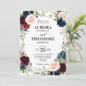 Burgundy Navy Blush Floral Gold Geometric Wedding Kaart (Staand voorkant)