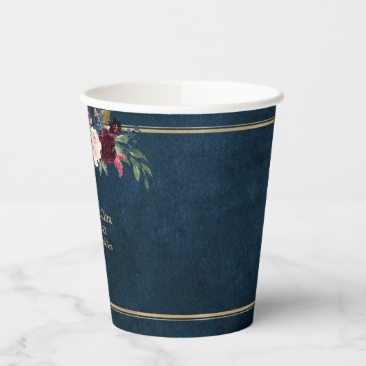 Burgundy Navy Blush Floral Gold Geometric Wedding Papieren Bekers (Links)