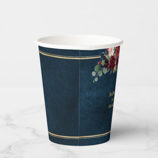 Burgundy Navy Blush Floral Gold Geometric Wedding Papieren Bekers (Rechts)
