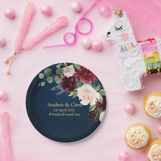 Burgundy Navy Blush Floral Gold Geometric Wedding Papieren Bordje (Feest)