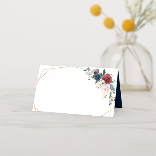 Burgundy Navy Blush Floral Gold Geometric Wedding Plaatskaartje (Achterkant)